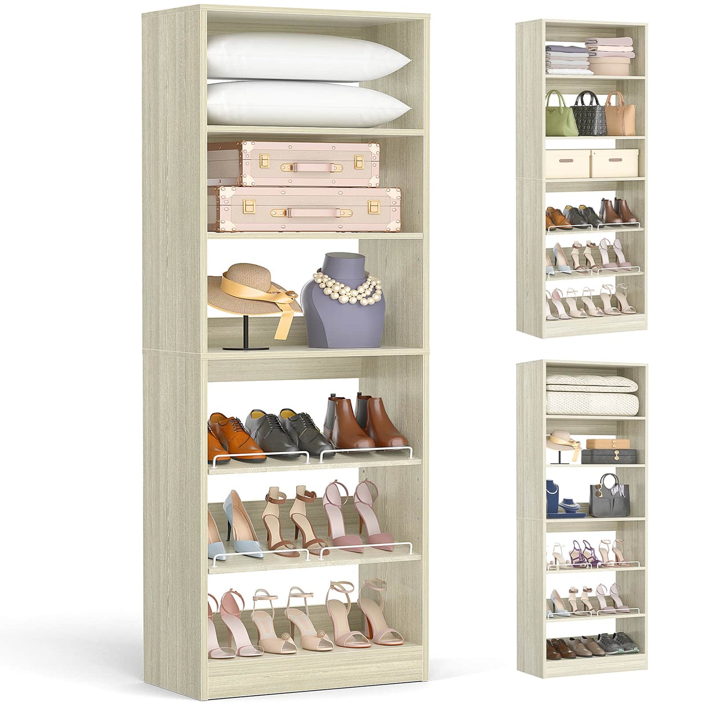 25 Inch Freestanding Closet Shoe Organizer, Standalone Wood Shoe Shelves