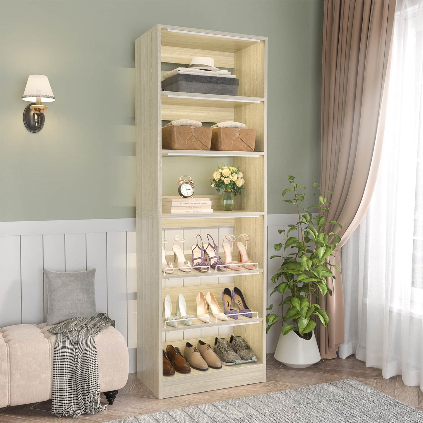 25 Inch Freestanding Closet Shoe Organizer, Standalone Wood Shoe Shelves