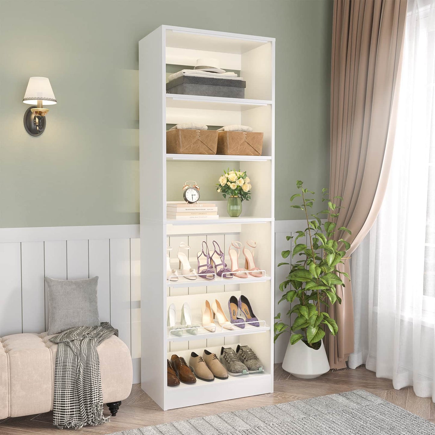 25 Inch Freestanding Closet Shoe Organizer, Standalone Wood Shoe Shelves