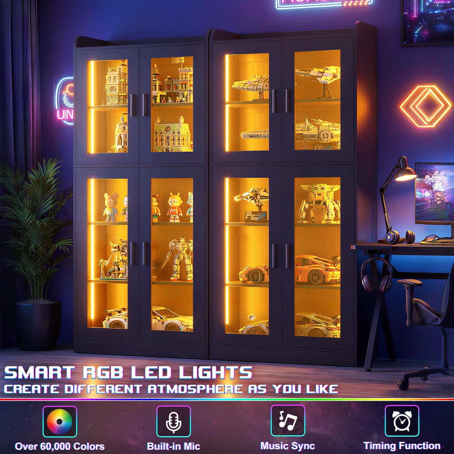 6-Shelf Bookcase with 4 Glass Doors, 67.4 inch Tall Bookcase with RGB LED Lights, 2 Packs