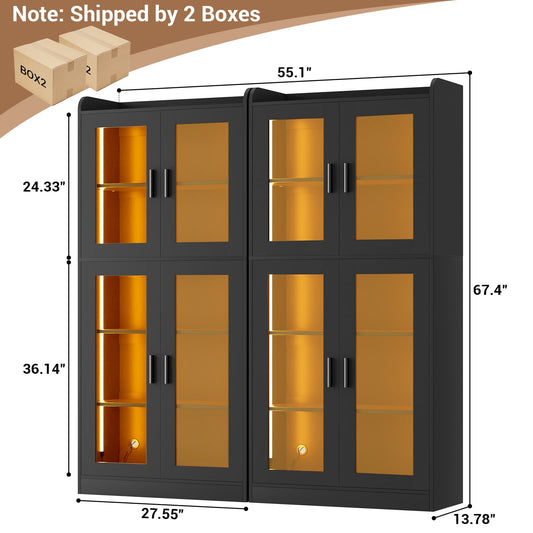 6-Shelf Bookcase with 4 Glass Doors, 67.4 inch Tall Bookcase with RGB LED Lights, 2 Packs