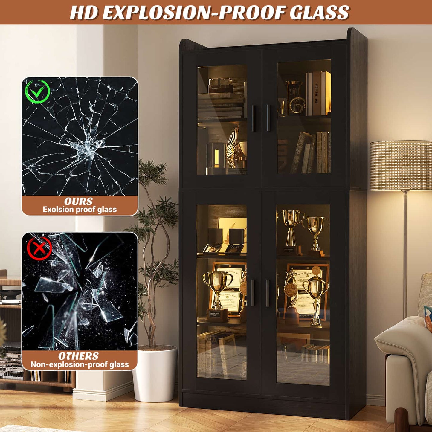 6-Shelf Bookcase with 4 Glass Doors, 67.4 inch Tall Bookcase with RGB LED Lights, 2 Packs