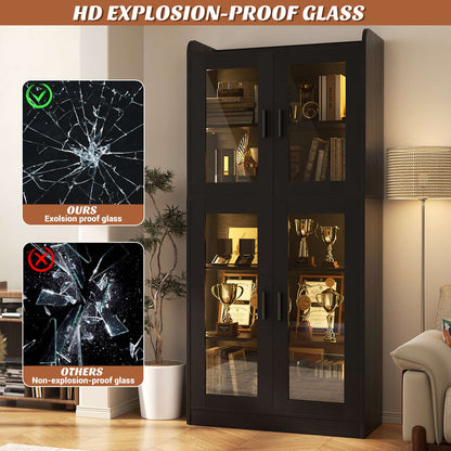 6-Shelf Bookcase with 4 Glass Doors, 67.4 inch Tall Bookcase with RGB LED Lights, 2 Packs