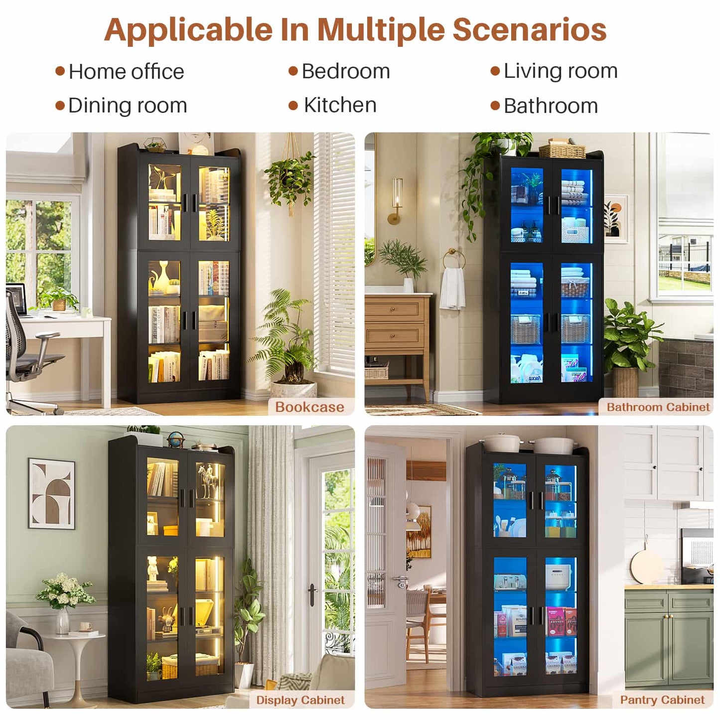 6-Shelf Bookcase with 4 Glass Doors, 67.4 inch Tall Bookcase with RGB LED Lights, 2 Packs