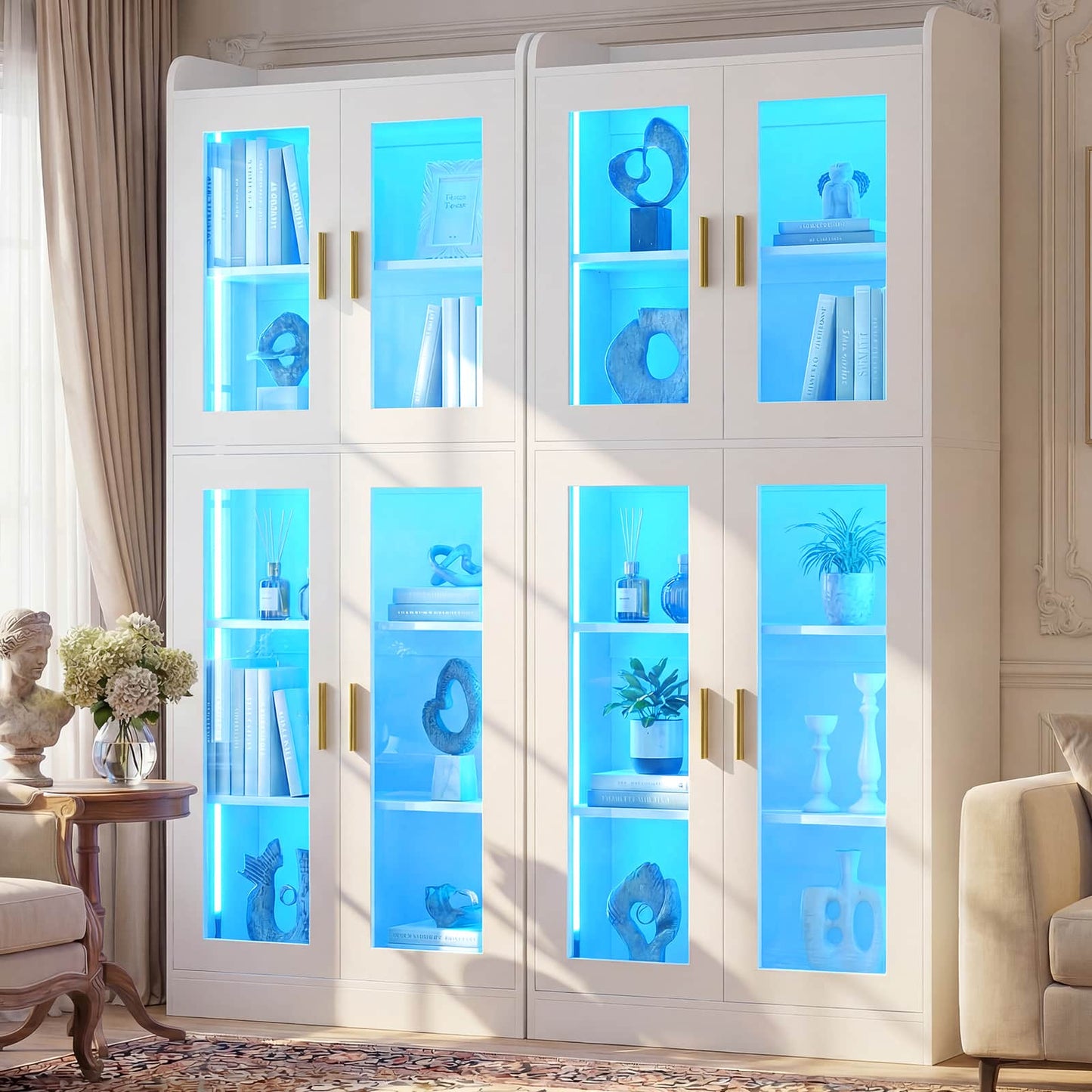 6-Shelf Bookcase with 4 Glass Doors, 67.4 inch Tall Bookcase with RGB LED Lights, 2 Packs