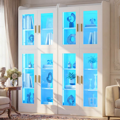 6-Shelf Bookcase with 4 Glass Doors, 67.4 inch Tall Bookcase with RGB LED Lights, 2 Packs