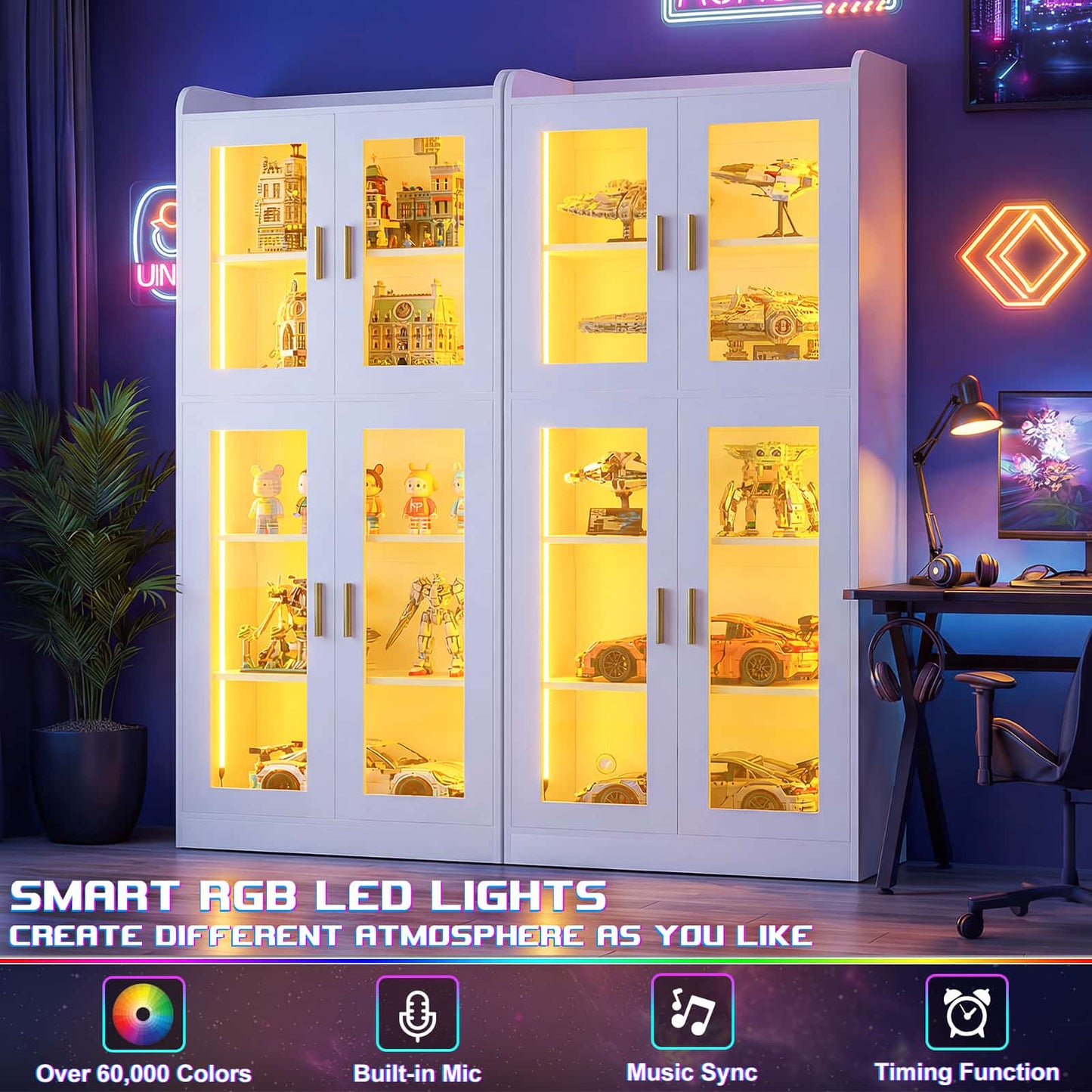 6-Shelf Bookcase with 4 Glass Doors, 67.4 inch Tall Bookcase with RGB LED Lights, 2 Packs