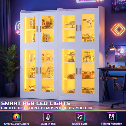 6-Shelf Bookcase with 4 Glass Doors, 67.4 inch Tall Bookcase with RGB LED Lights, 2 Packs