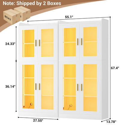6-Shelf Bookcase with 4 Glass Doors, 67.4 inch Tall Bookcase with RGB LED Lights, 2 Packs