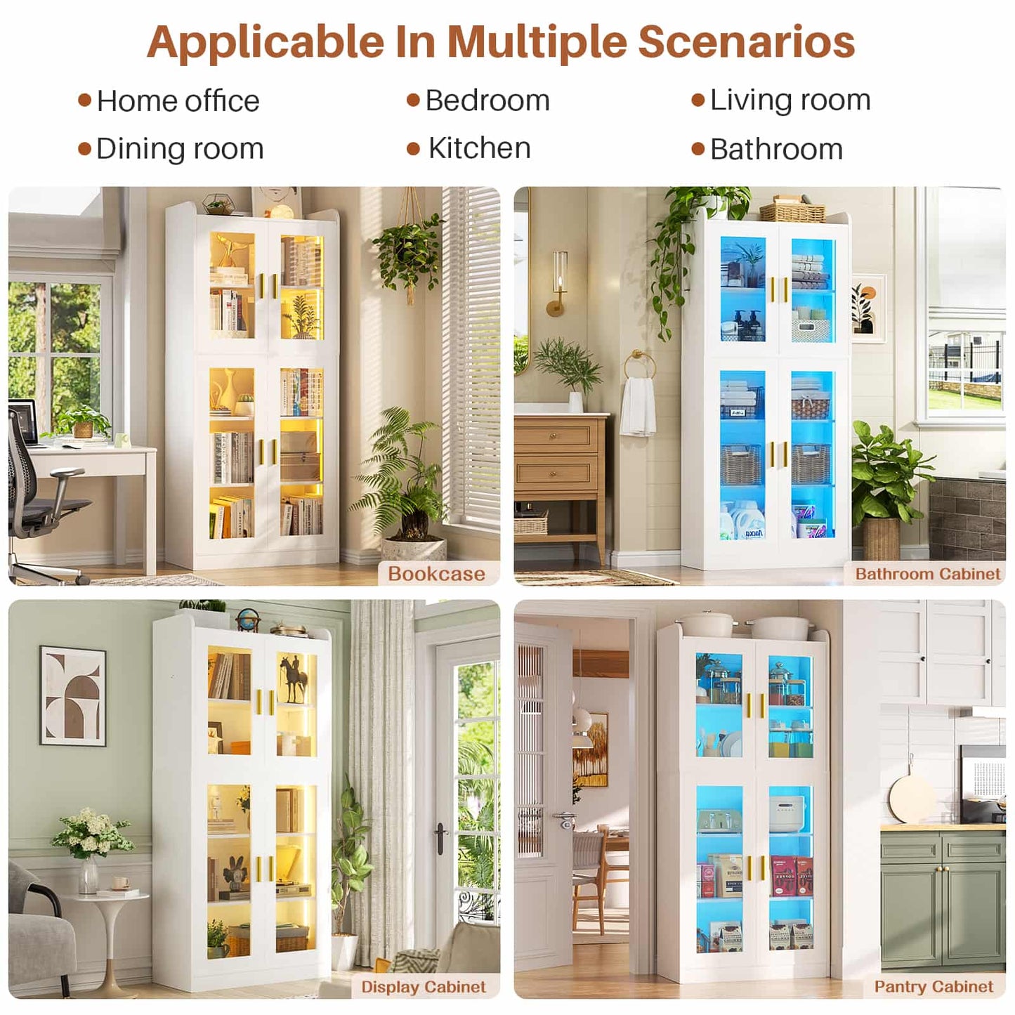 6-Shelf Bookcase with 4 Glass Doors, 67.4 inch Tall Bookcase with RGB LED Lights, 2 Packs