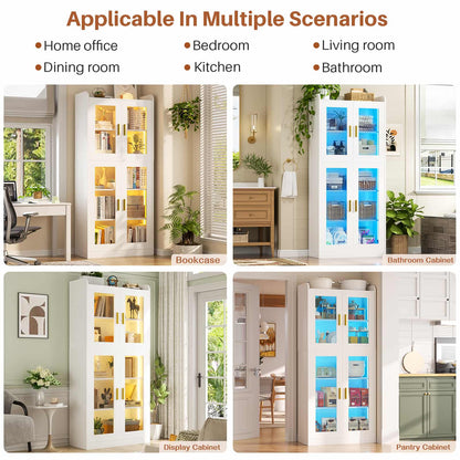 6-Shelf Bookcase with 4 Glass Doors, 67.4 inch Tall Bookcase with RGB LED Lights, 2 Packs
