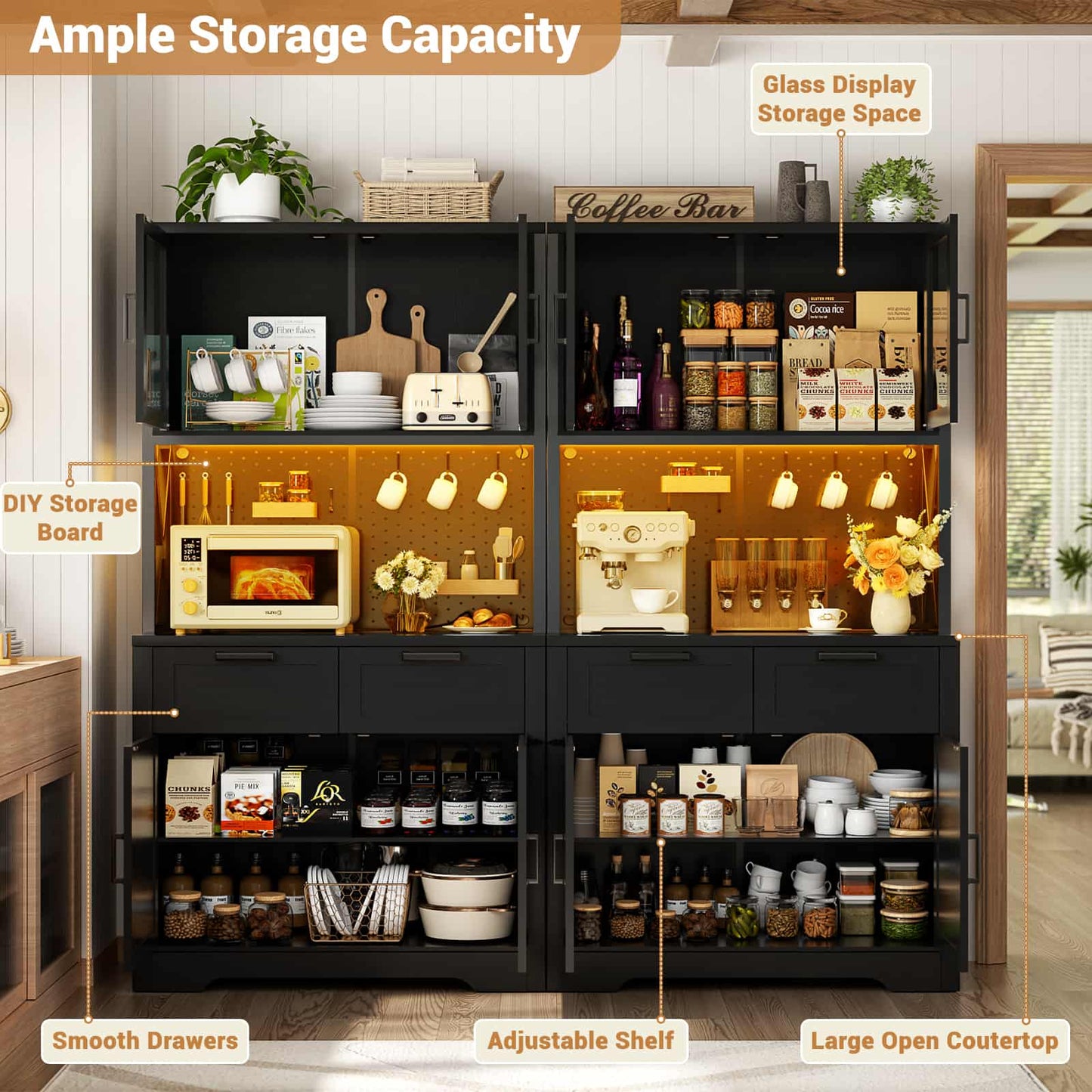 71'' Tall Kitchen Pantry Storage Cabinet with LED Light & Outlet, 2 Packs