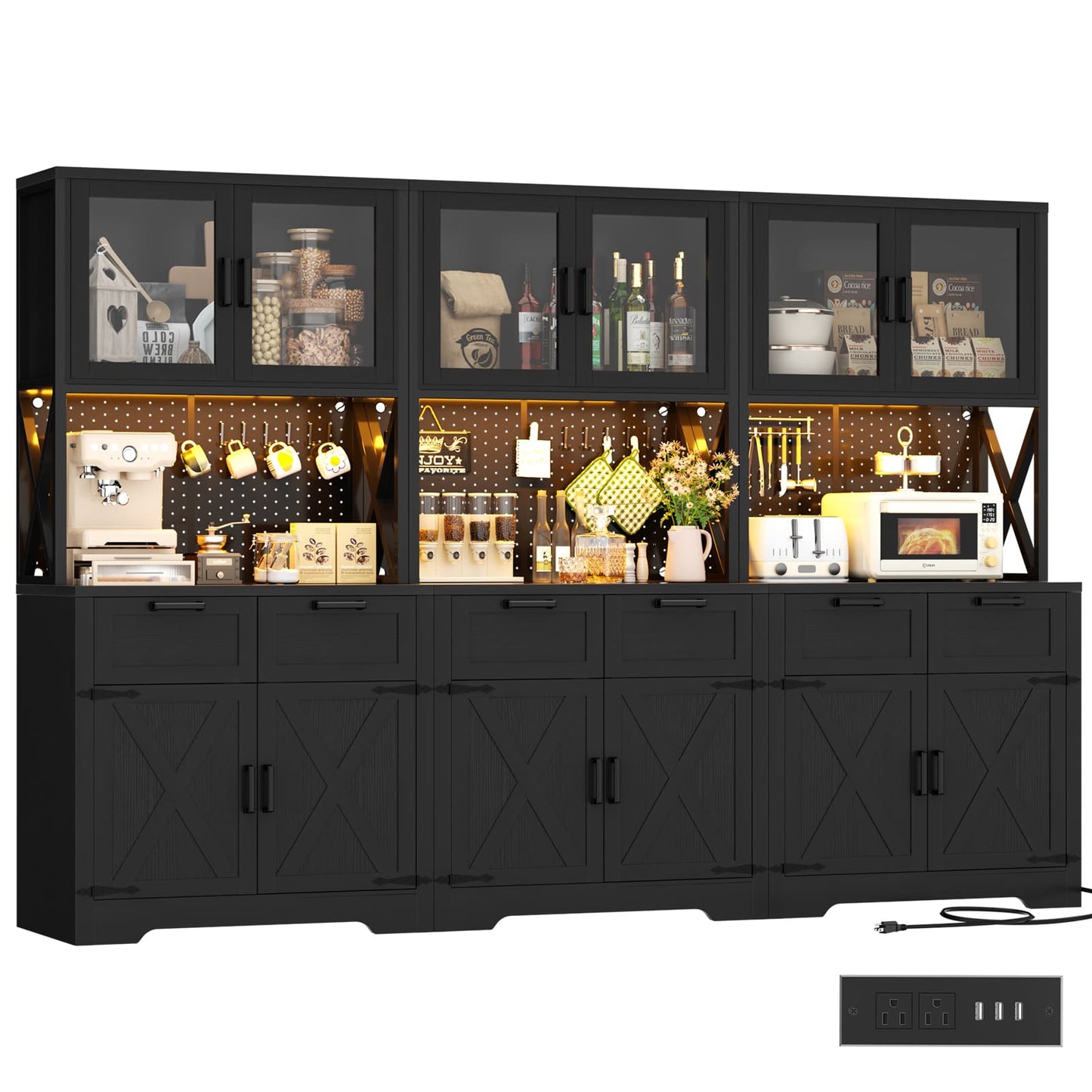 71'' Tall Farmhouse Pantry Cabinet with 6 Drawers and 12 Doors, 3 Piece Set