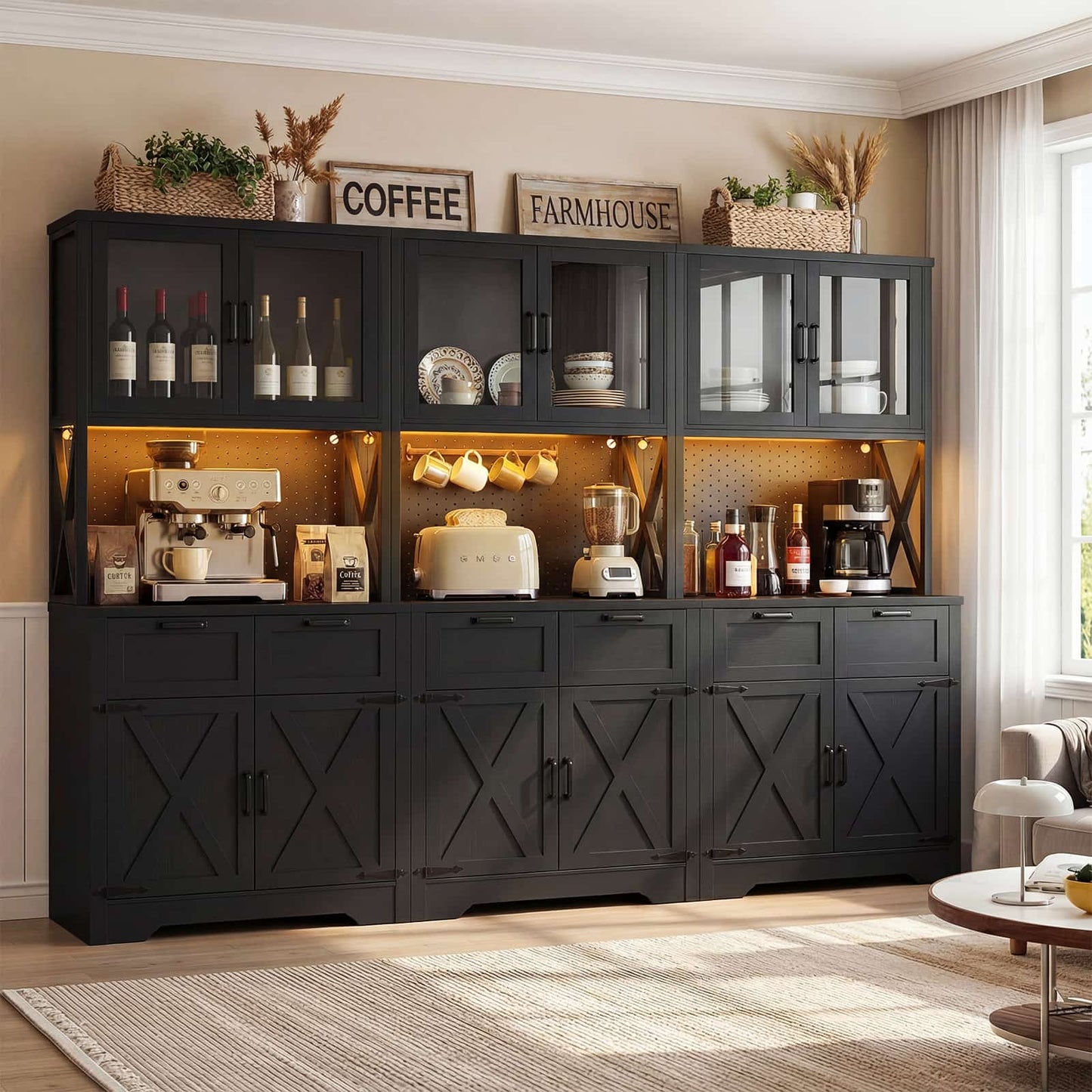 71'' Tall Farmhouse Pantry Cabinet with 6 Drawers and 12 Doors, 3 Piece Set