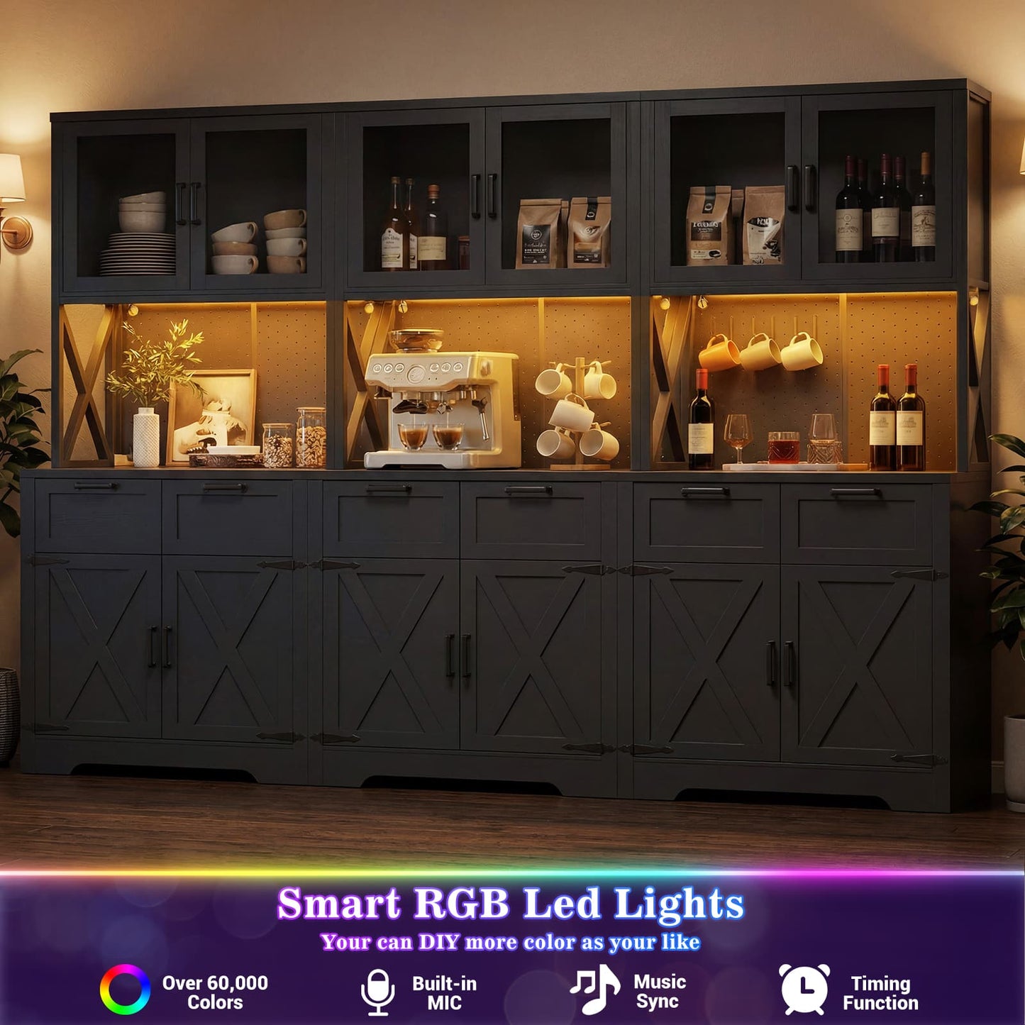 71'' Tall Farmhouse Pantry Cabinet with 6 Drawers and 12 Doors, 3 Piece Set