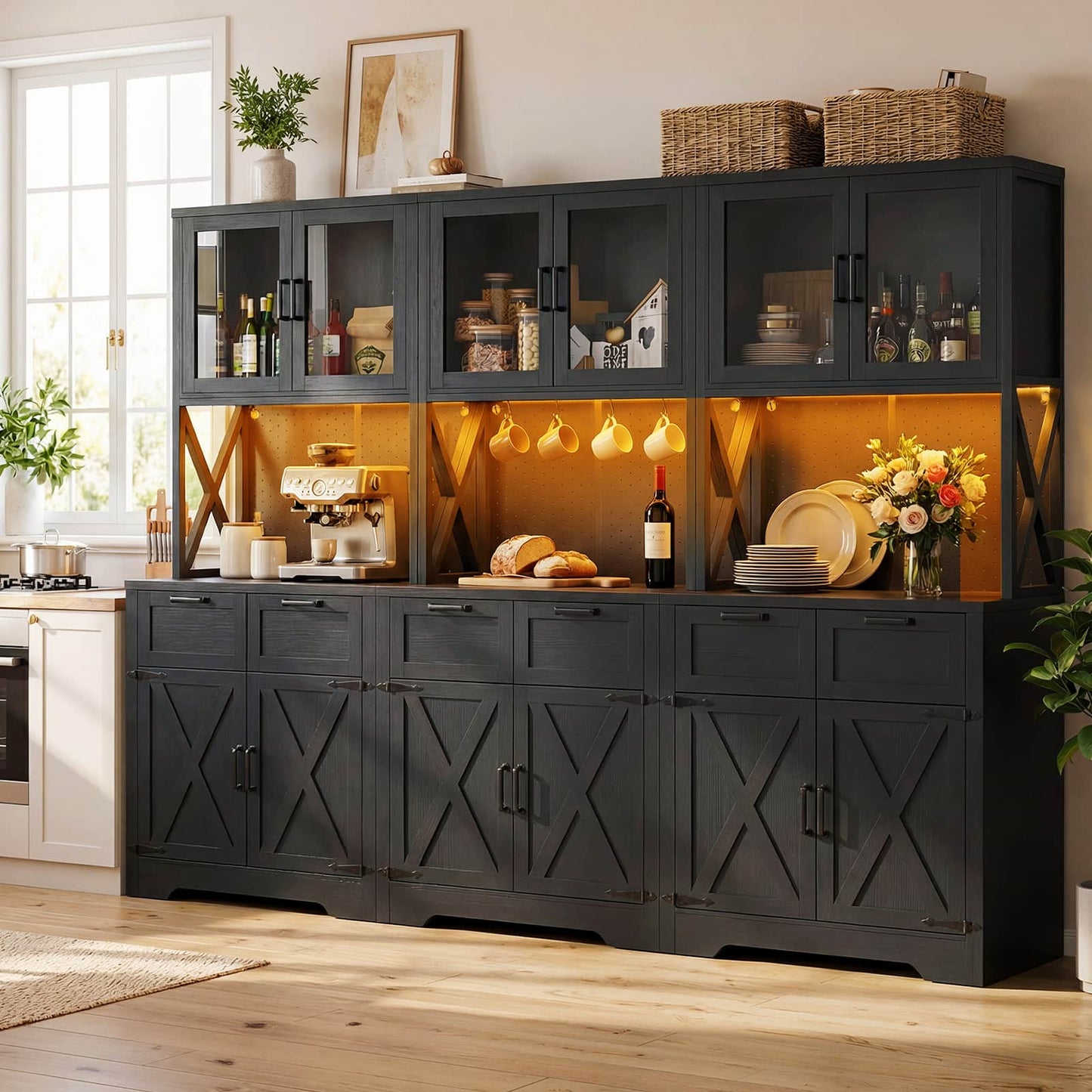 71'' Tall Farmhouse Pantry Cabinet with 6 Drawers and 12 Doors, 3 Piece Set