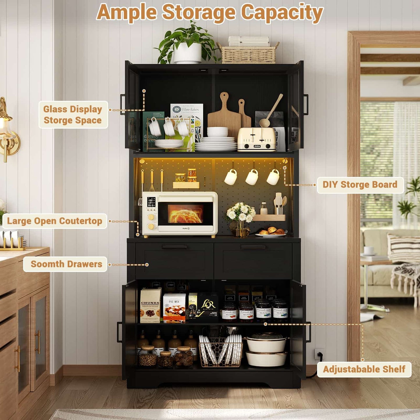 71" Tall Pantry Cabinet with Outlets and LED Light, Kitchen Cabinet with Drawers and Cabinets