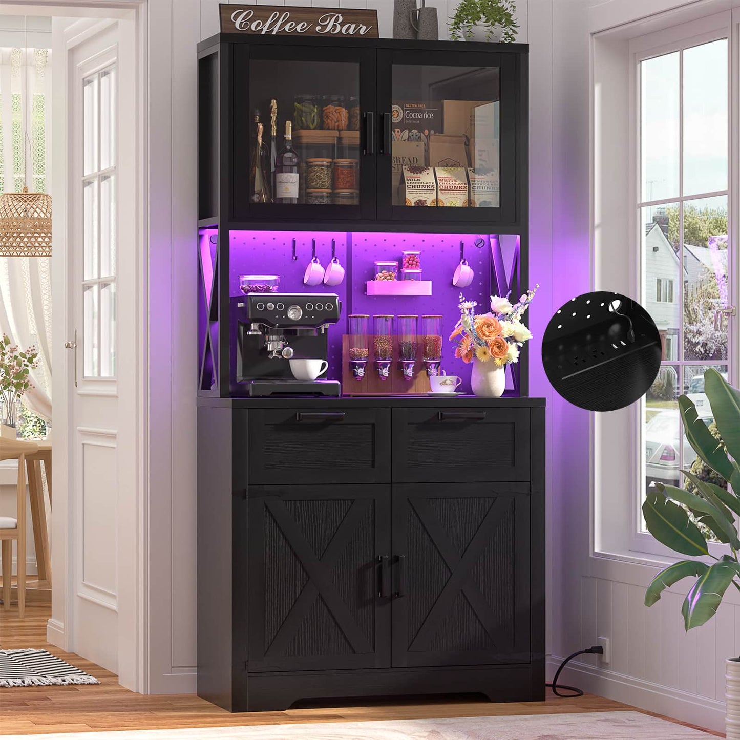 71" Tall Pantry Cabinet with Outlets and LED Light, Kitchen Cabinet with Drawers and Cabinets