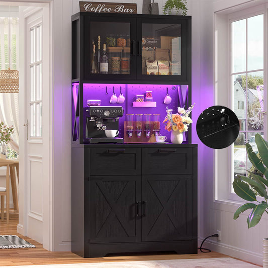 71" Tall Pantry Cabinet with Outlets and LED Light, Kitchen Cabinet with Drawers and Cabinets