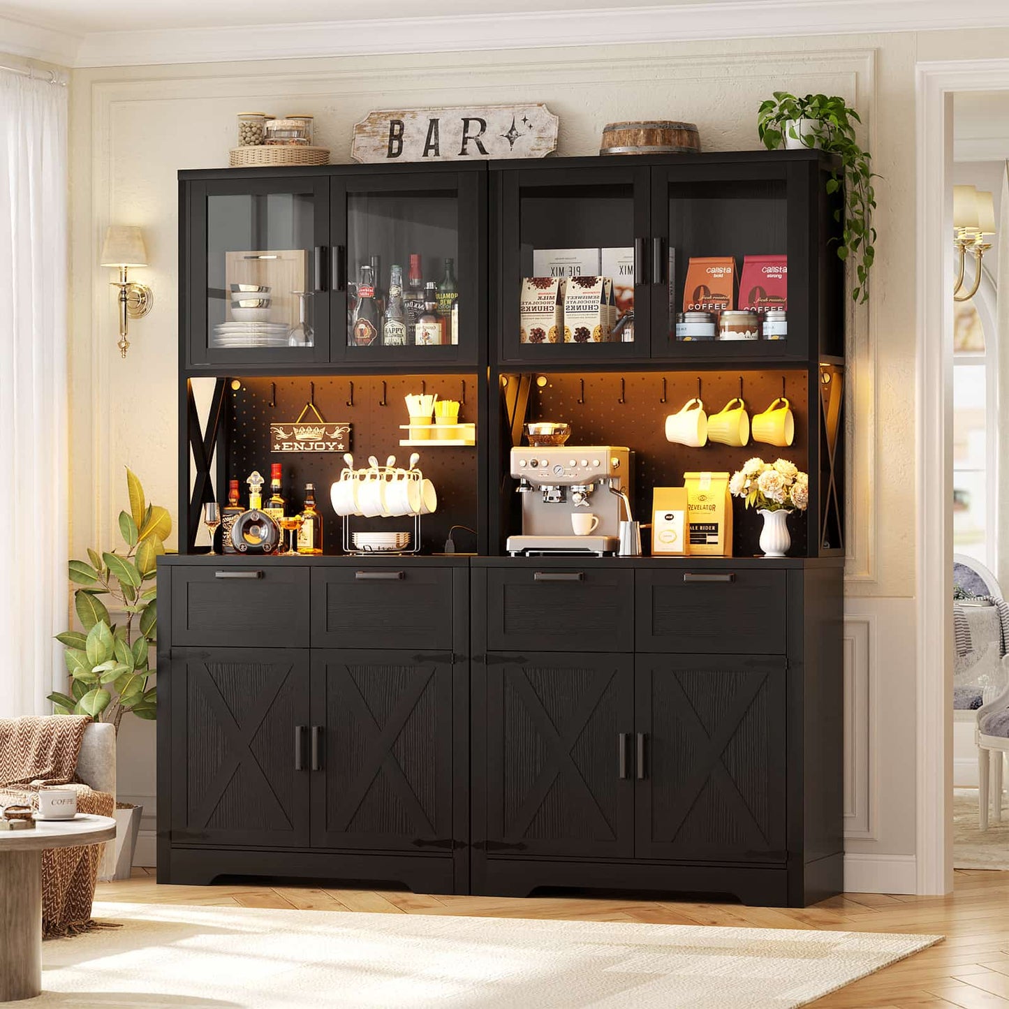 71" Tall Pantry Cabinet with Outlets and LED Light, Kitchen Cabinet with Drawers and Cabinets