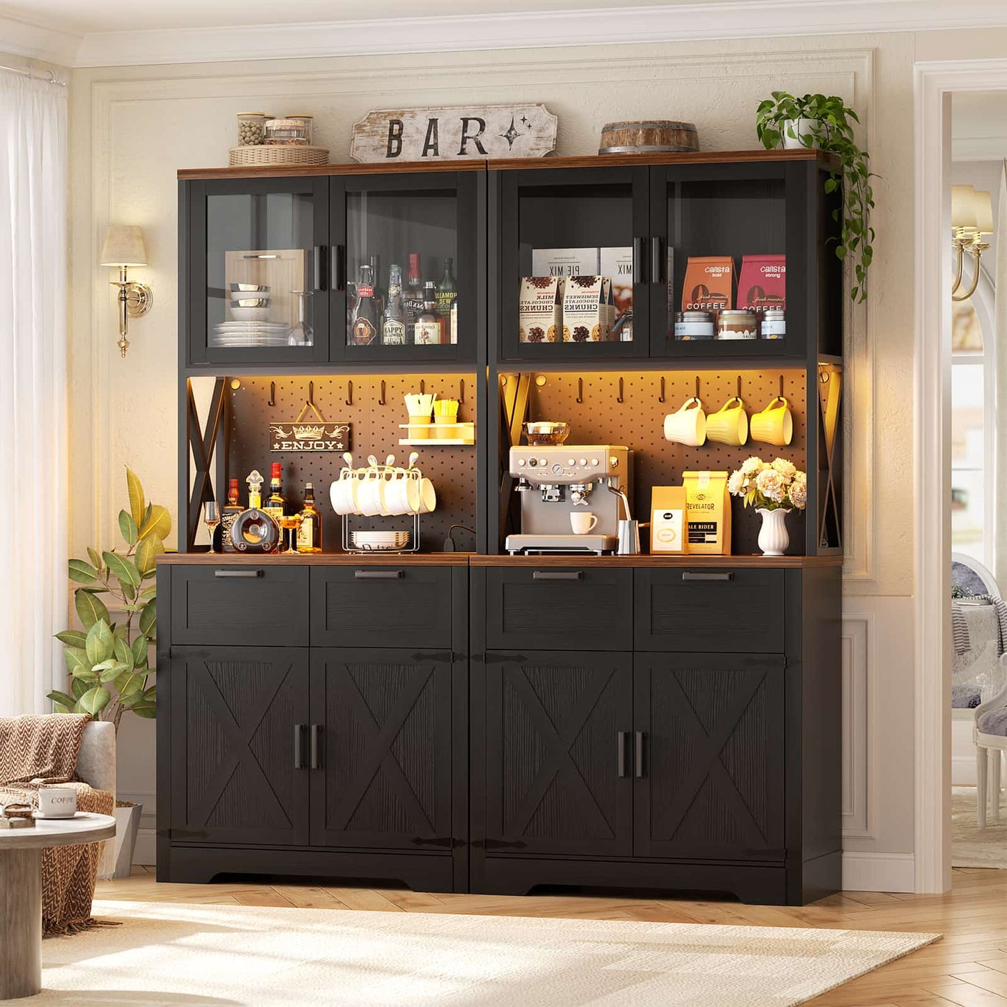 71'' Tall Kitchen Pantry Storage Cabinet with LED Light & Outlet, 2 Packs