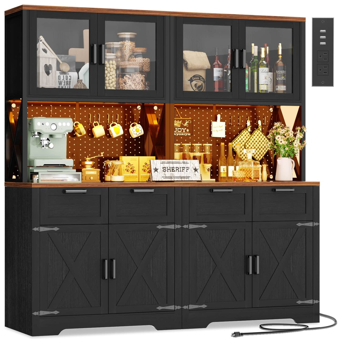 71'' Tall Kitchen Pantry Storage Cabinet with LED Light & Outlet, 2 Packs