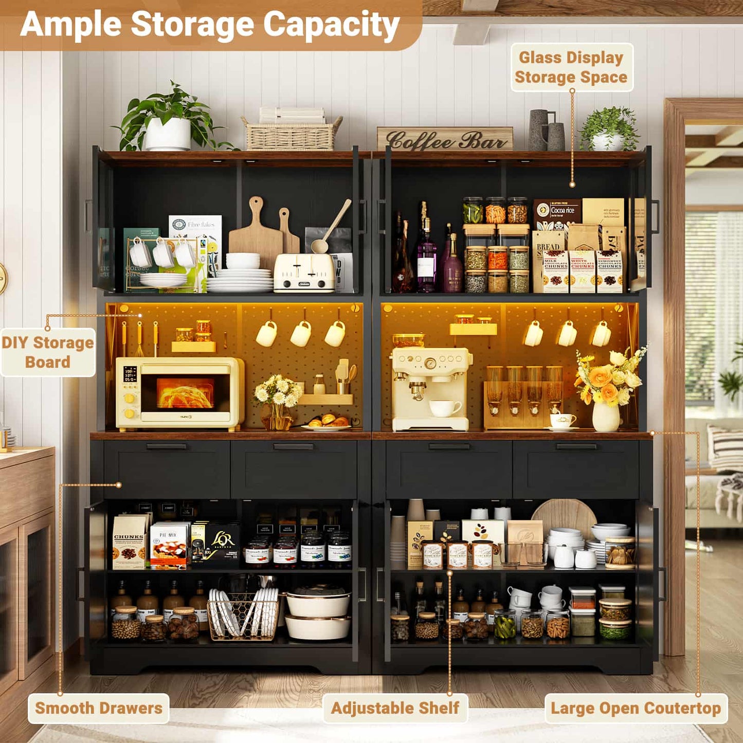 71'' Tall Kitchen Pantry Storage Cabinet with LED Light & Outlet, 2 Packs
