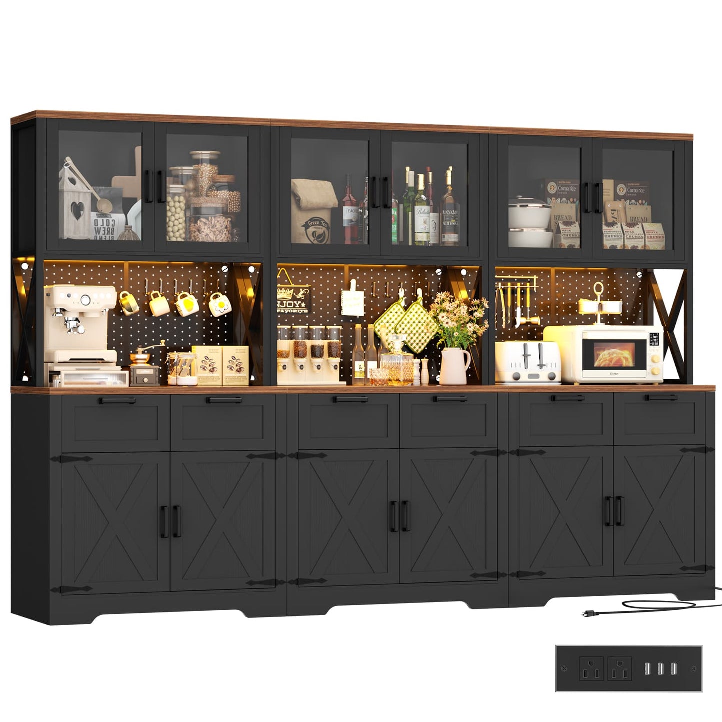 71'' Tall Farmhouse Pantry Cabinet with 6 Drawers and 12 Doors, 3 Piece Set