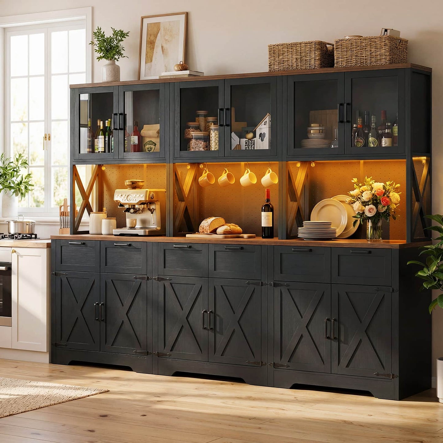 71'' Tall Farmhouse Pantry Cabinet with 6 Drawers and 12 Doors, 3 Piece Set