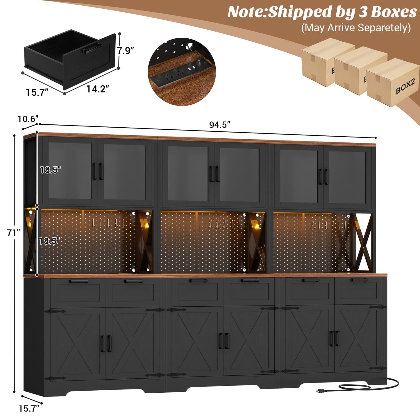71'' Tall Farmhouse Pantry Cabinet with 6 Drawers and 12 Doors, 3 Piece Set