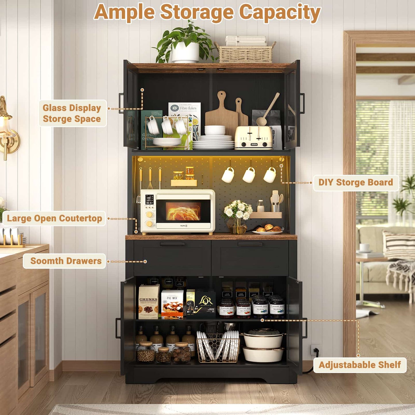 71" Tall Pantry Cabinet with Outlets and LED Light, Kitchen Cabinet with Drawers and Cabinets