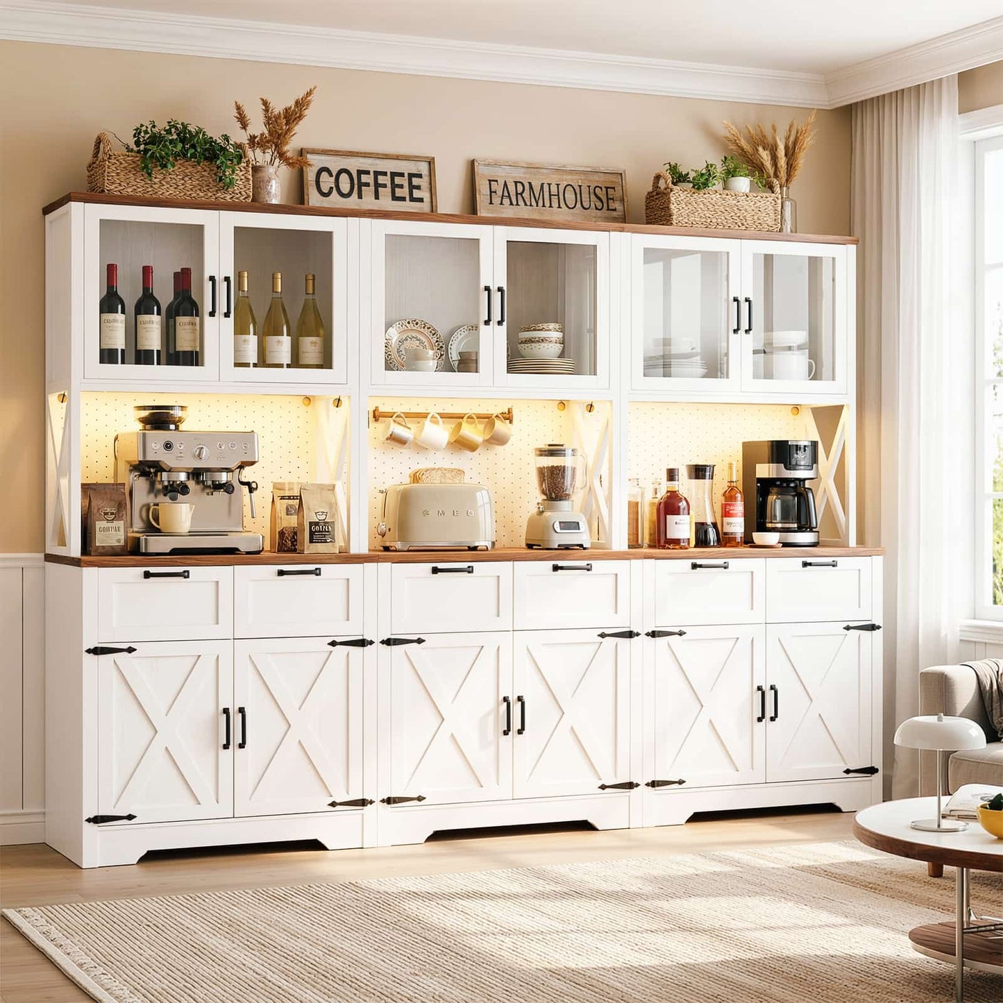 71'' Tall Farmhouse Pantry Cabinet with 6 Drawers and 12 Doors, 3 Piece Set