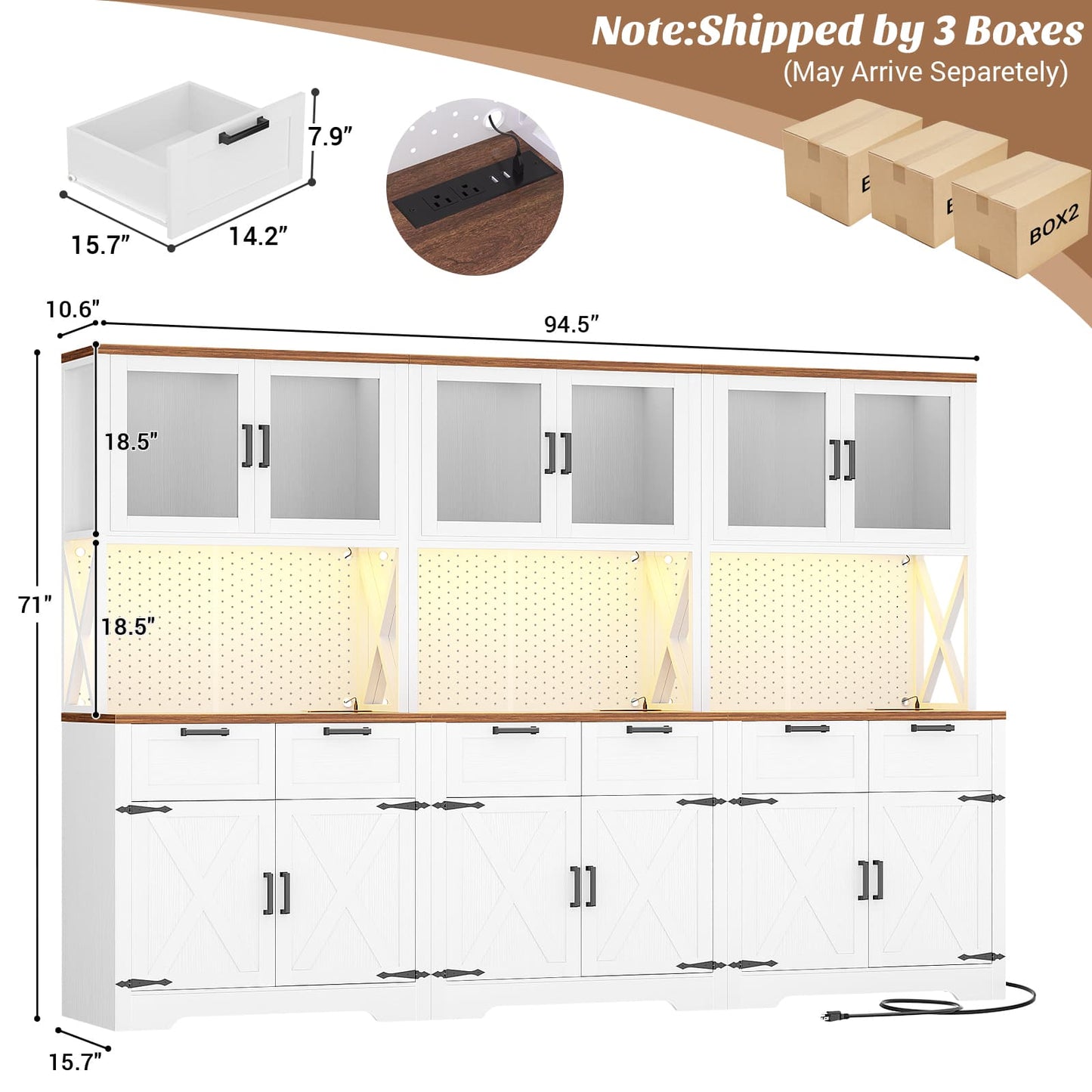 71'' Tall Farmhouse Pantry Cabinet with 6 Drawers and 12 Doors, 3 Piece Set