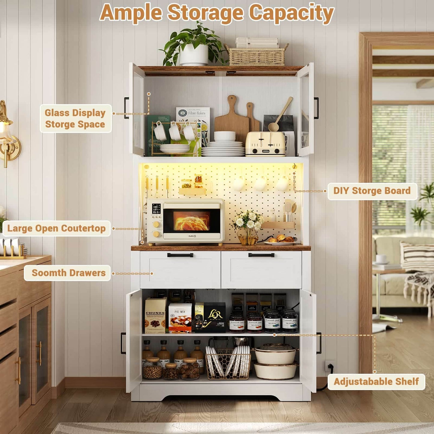 71" Tall Pantry Cabinet with Outlets and LED Light, Kitchen Cabinet with Drawers and Cabinets