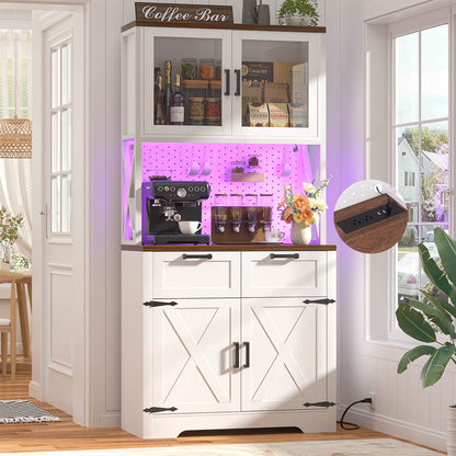 71" Tall Pantry Cabinet with Outlets and LED Light, Kitchen Cabinet with Drawers and Cabinets