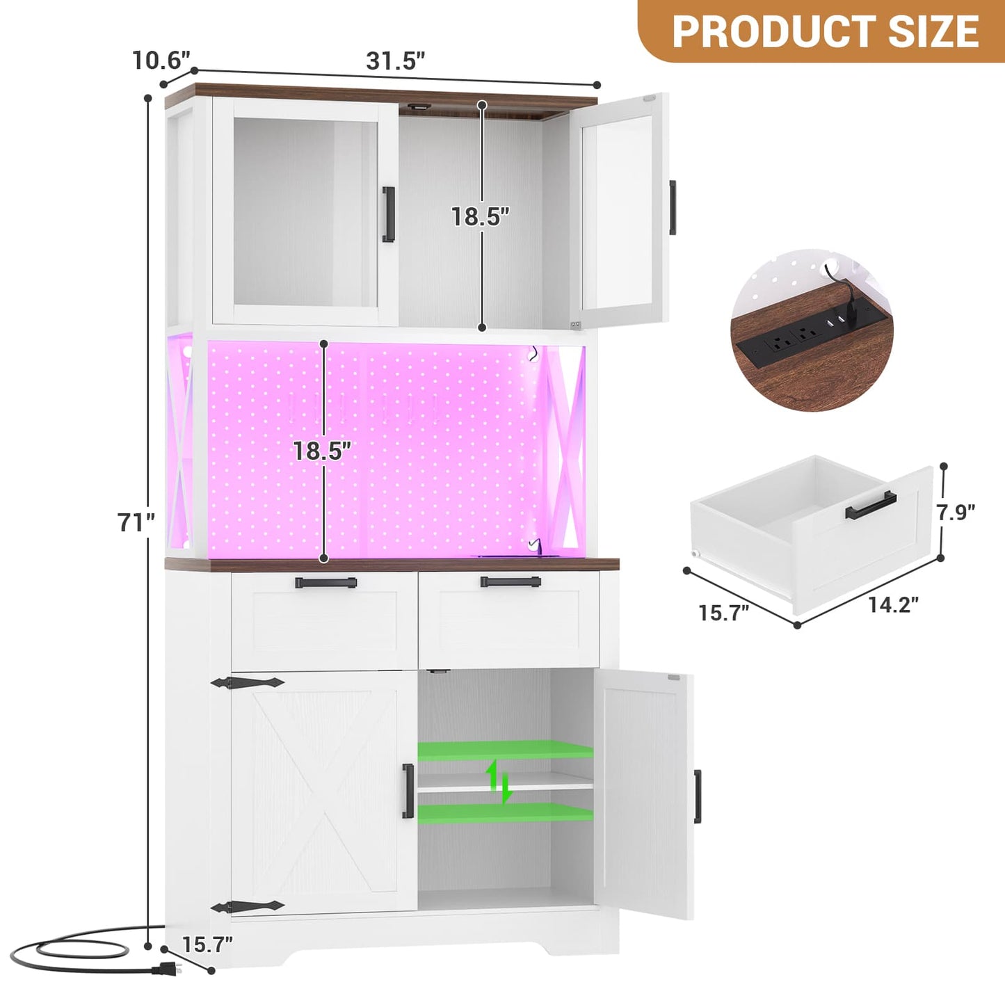 71" Tall Pantry Cabinet with Outlets and LED Light, Kitchen Cabinet with Drawers and Cabinets