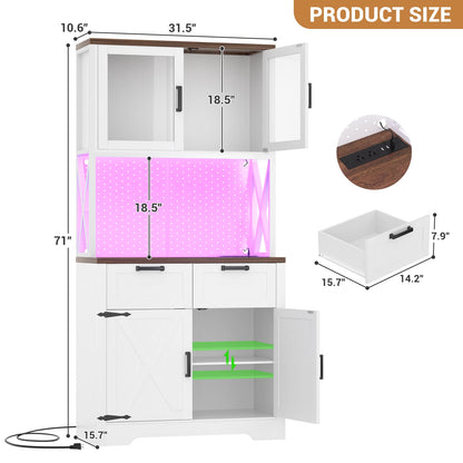 71" Tall Pantry Cabinet with Outlets and LED Light, Kitchen Cabinet with Drawers and Cabinets