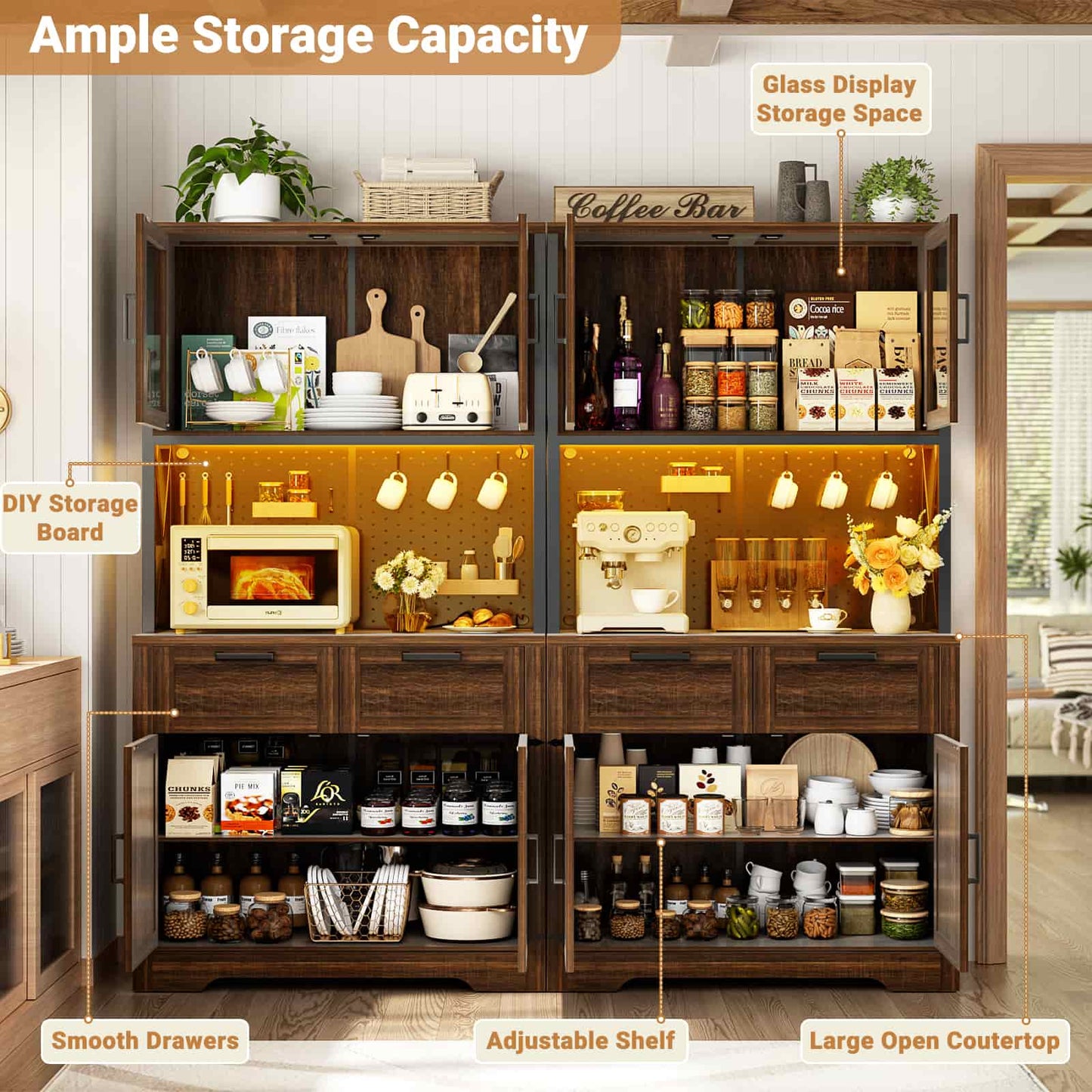 71'' Tall Kitchen Pantry Storage Cabinet with LED Light & Outlet, 2 Packs