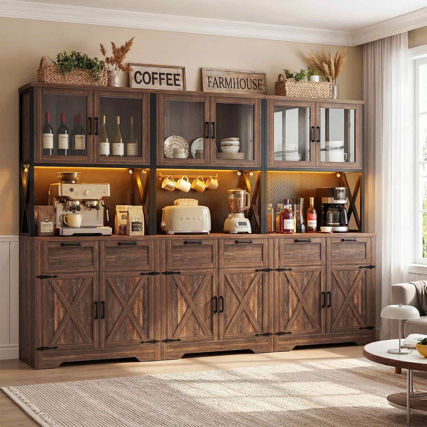 71'' Tall Farmhouse Pantry Cabinet with 6 Drawers and 12 Doors, 3 Piece Set