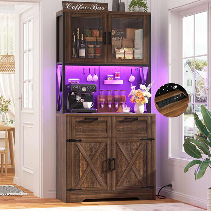 71" Tall Pantry Cabinet with Outlets and LED Light, Kitchen Cabinet with Drawers and Cabinets