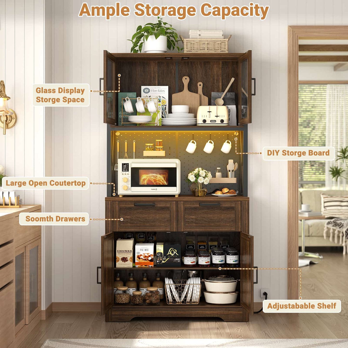 71" Tall Pantry Cabinet with Outlets and LED Light, Kitchen Cabinet with Drawers and Cabinets