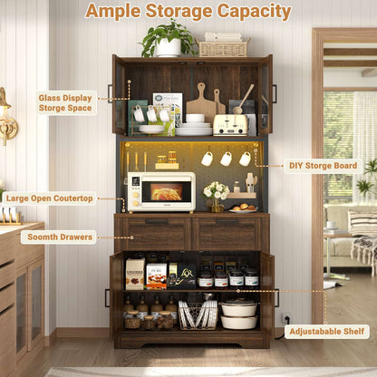 71" Tall Pantry Cabinet with Outlets and LED Light, Kitchen Cabinet with Drawers and Cabinets