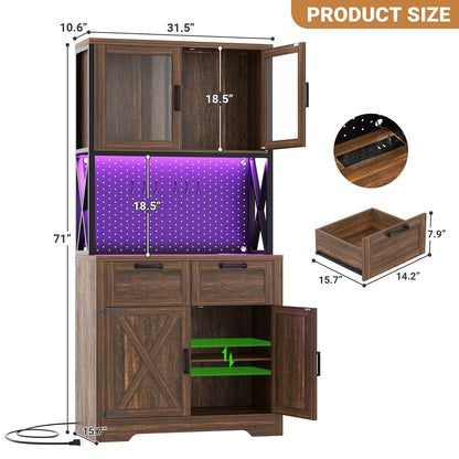 71" Tall Pantry Cabinet with Outlets and LED Light, Kitchen Cabinet with Drawers and Cabinets