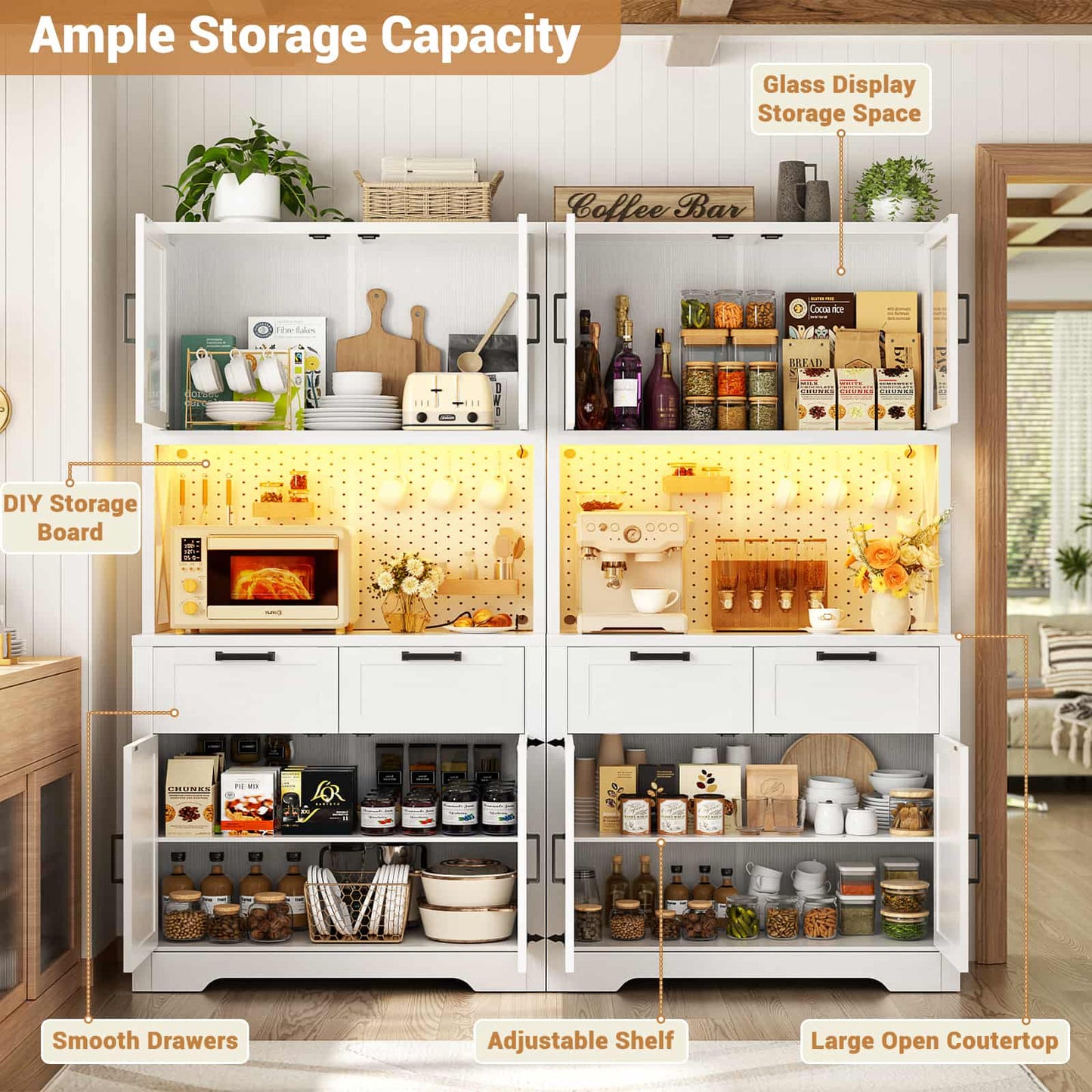 71'' Tall Kitchen Pantry Storage Cabinet with LED Light & Outlet, 2 Packs