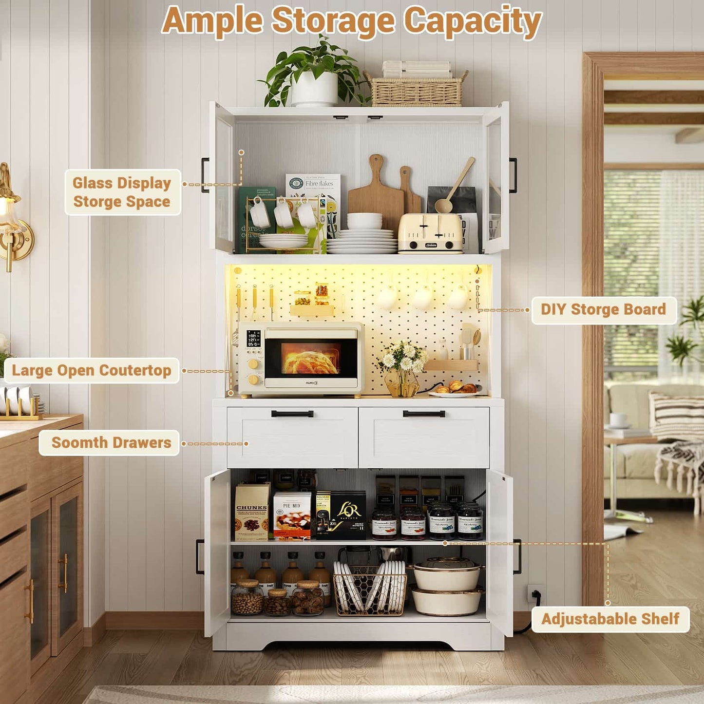 71" Tall Pantry Cabinet with Outlets and LED Light, Kitchen Cabinet with Drawers and Cabinets