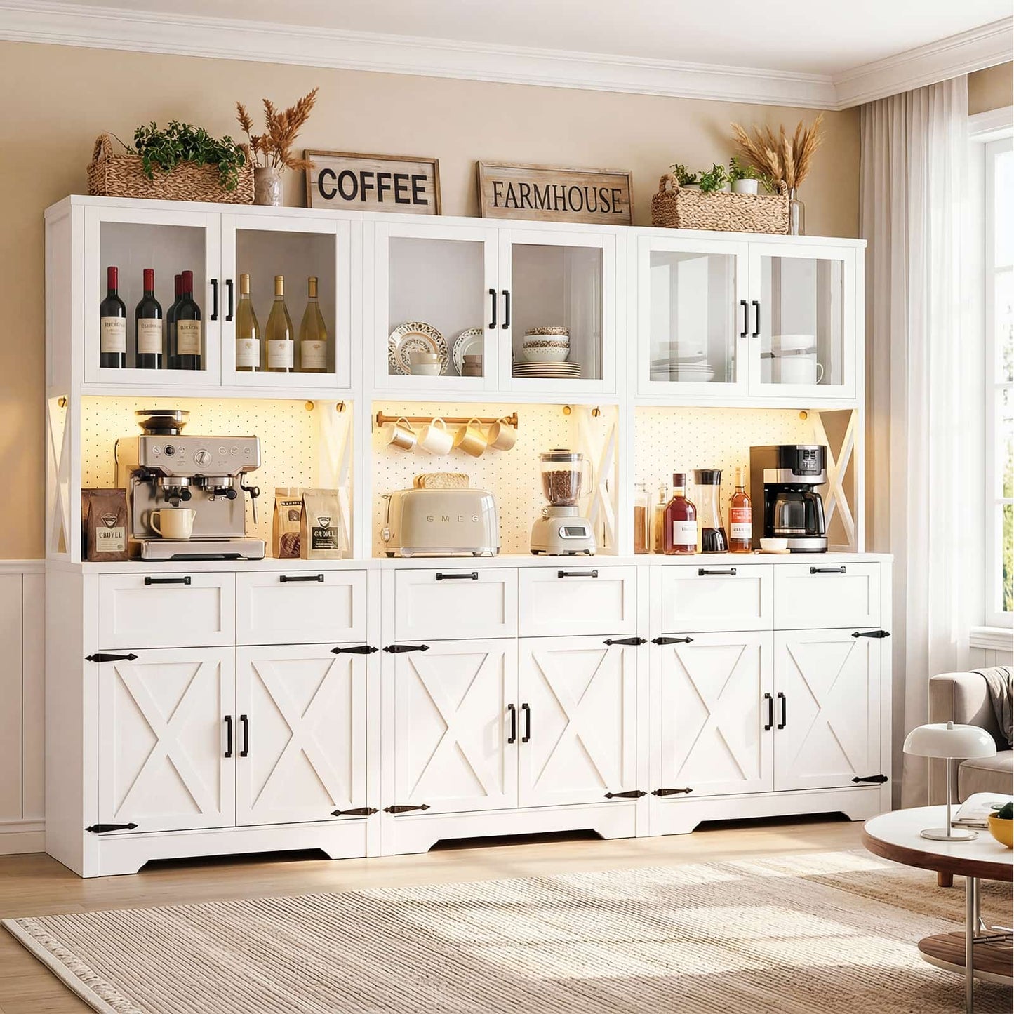 71'' Tall Farmhouse Pantry Cabinet with 6 Drawers and 12 Doors, 3 Piece Set