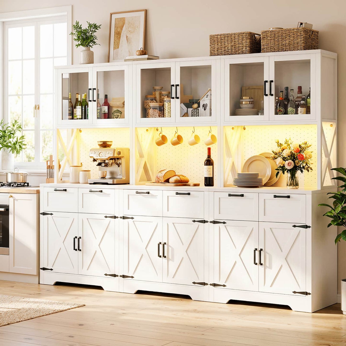 71'' Tall Farmhouse Pantry Cabinet with 6 Drawers and 12 Doors, 3 Piece Set