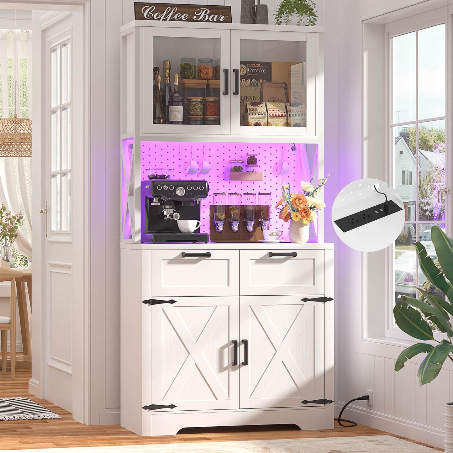 71" Tall Pantry Cabinet with Outlets and LED Light, Kitchen Cabinet with Drawers and Cabinets