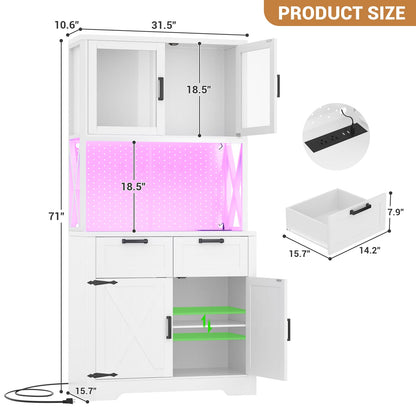 71" Tall Pantry Cabinet with Outlets and LED Light, Kitchen Cabinet with Drawers and Cabinets