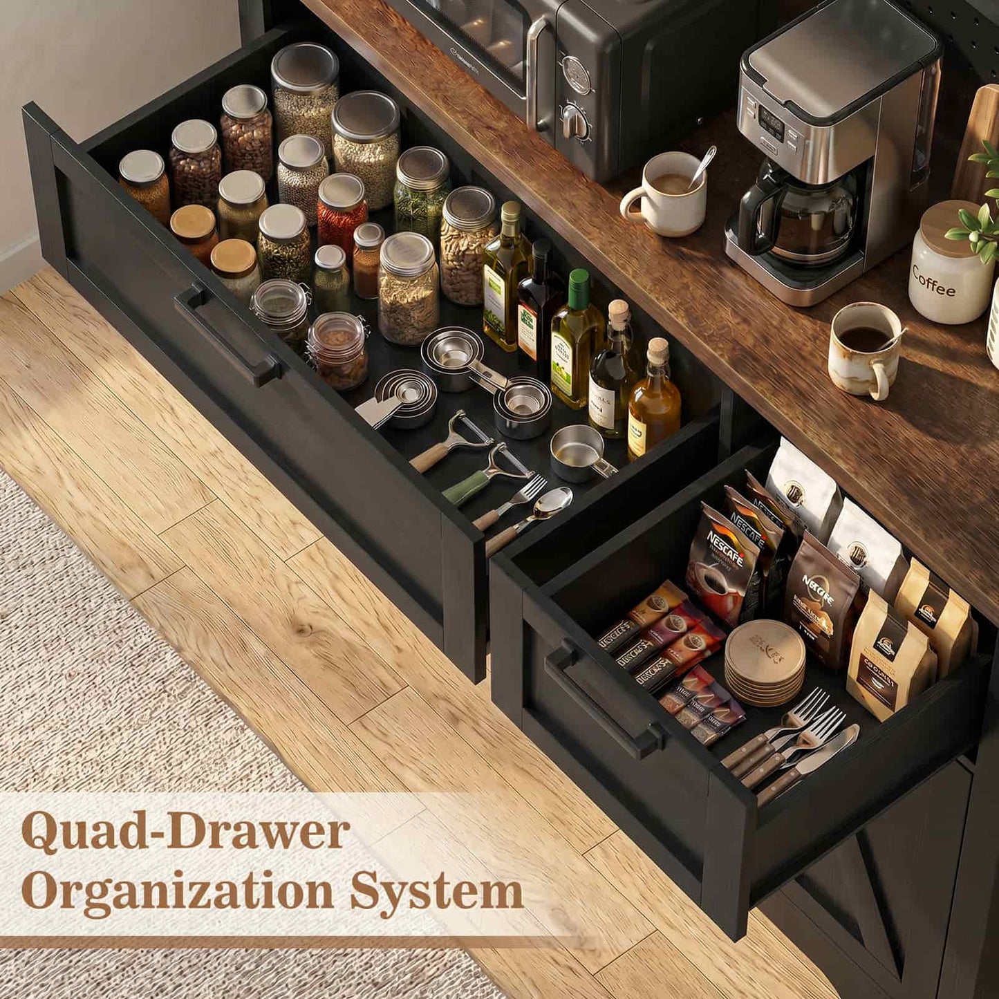 71'' Tall Farmhouse Pantry Storage Cabinet with Drawers, Charging Station, and Adjustable Shelves